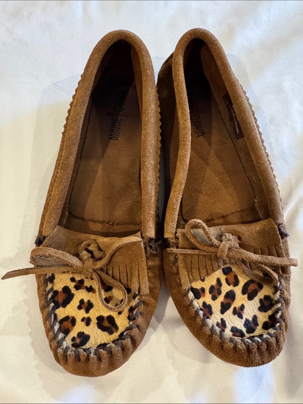 Minnetonka Brown Moccasins with Leopard Print Accent